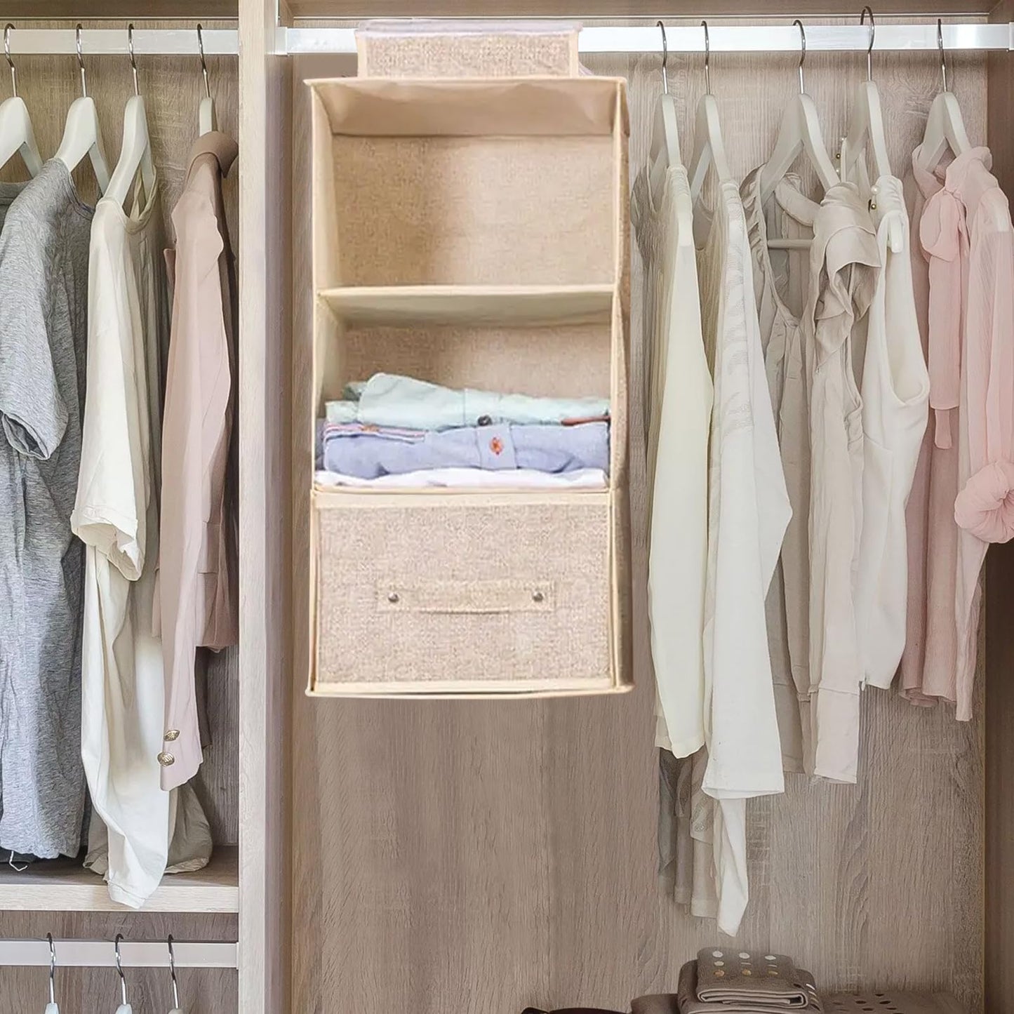 FALSKT Hanging Storage with 3 Shelves and Removable Drawer Fabric Hanging Shelves Foldable Hanging Wardrobe Organiser Wardrobe Storage Organiser for