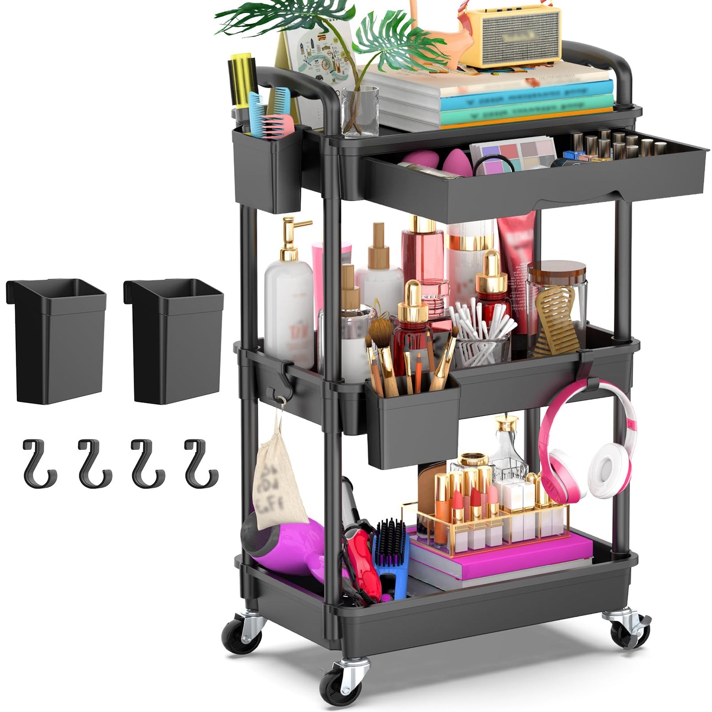Yeabett 3 Tier Storage Trolley with Drawer, Utility Cart with Plastic Shelf & Lockable Wheels Multifunctional Storage Cart for Kitchen, Bathroom