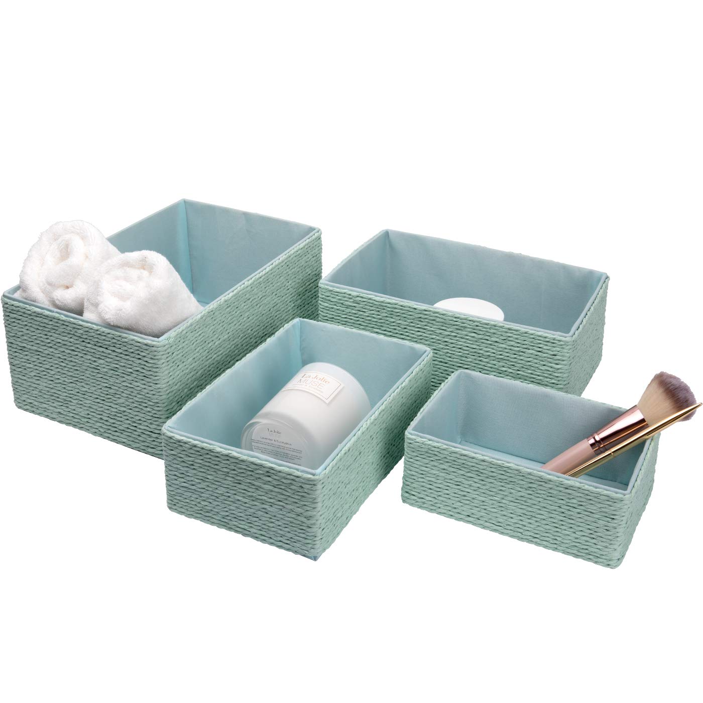 LA JOLIE MUSE Paper Rope Woven Storage Basket Set of 4 with Fabric Liner, Stackable Multipurpose Organizer Bin, Mint Green