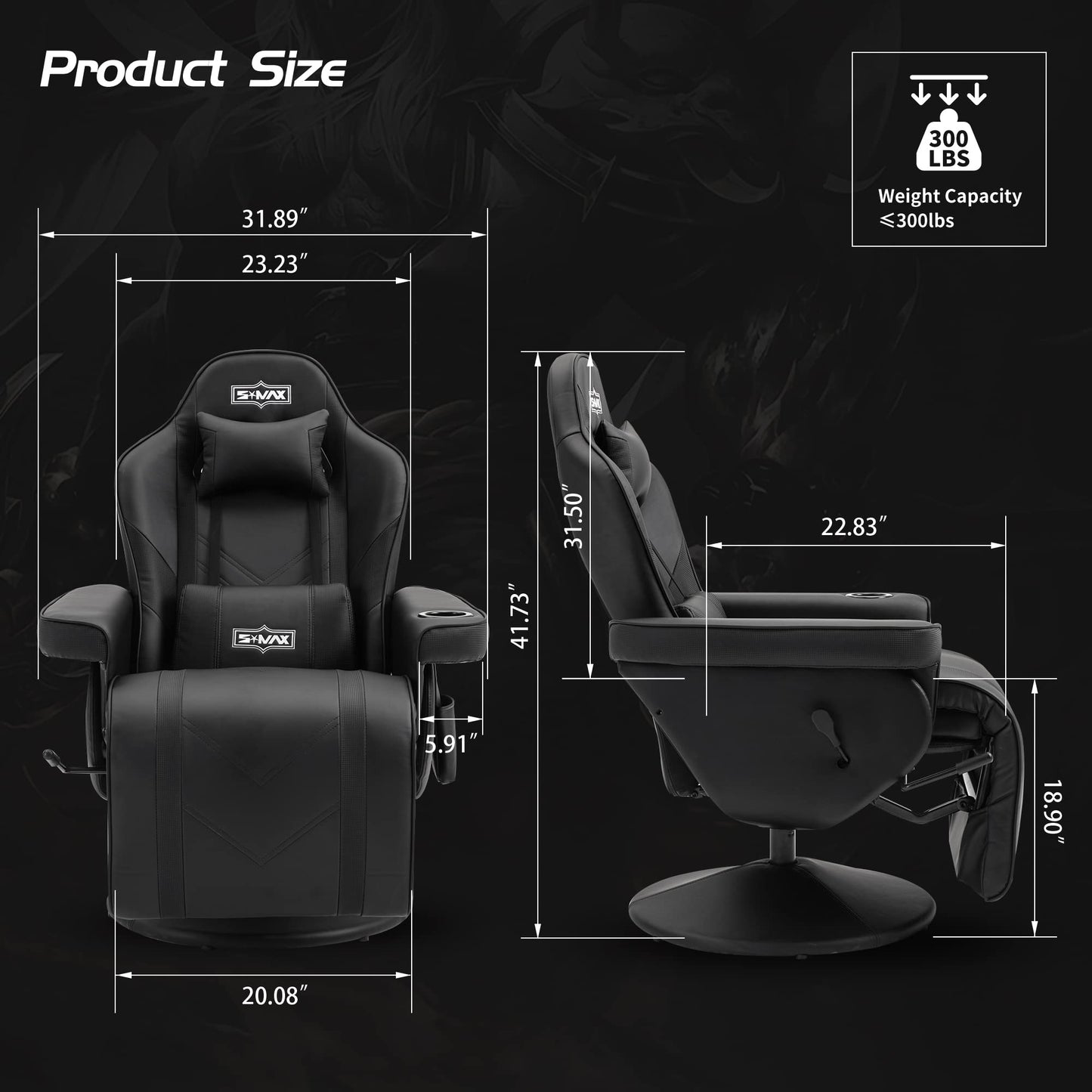 S*MAX Gaming Recliner Chair Ergonomic High Back Wide Lumbar Support Swivel PU Leather Cup Holder Adjustable Backrest Footrest Gaming Chair for Adults