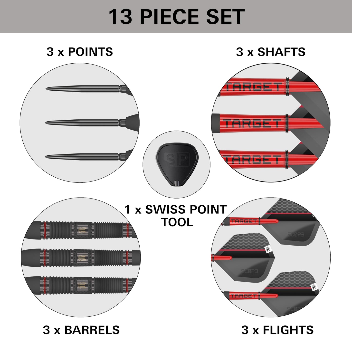 TARGET Darts Scope Steel Tip Swiss Point Darts, 90% Tungsten Dart Set, Barrel 02-23G | Steel Tip Dart Sets, Red & Black Darts, Professional Dart Set