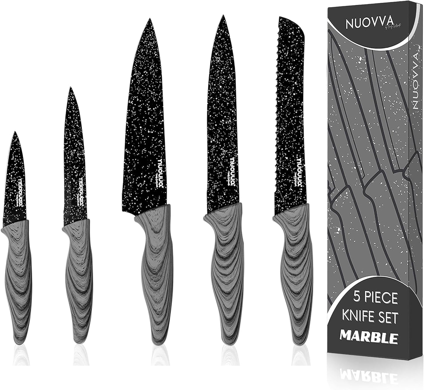 nuovva Professional Kitchen Knife Set ? 5pcs Black Granite Kitchen Knives ? Stainless Steel Granite Non Stick Blades ? Chefs, Filleting, Bread, Paring