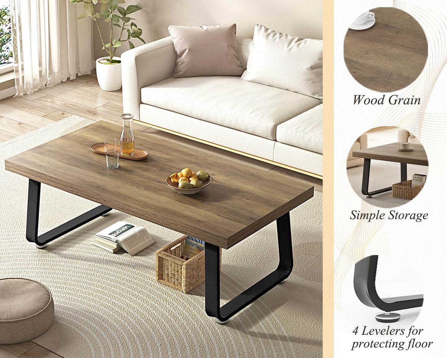 HSH Rustic Oak Coffee Table, 60D×120W×46.5H cm, Rustic Industrial Wooden Coffee Table for Living Room Bedroom Office