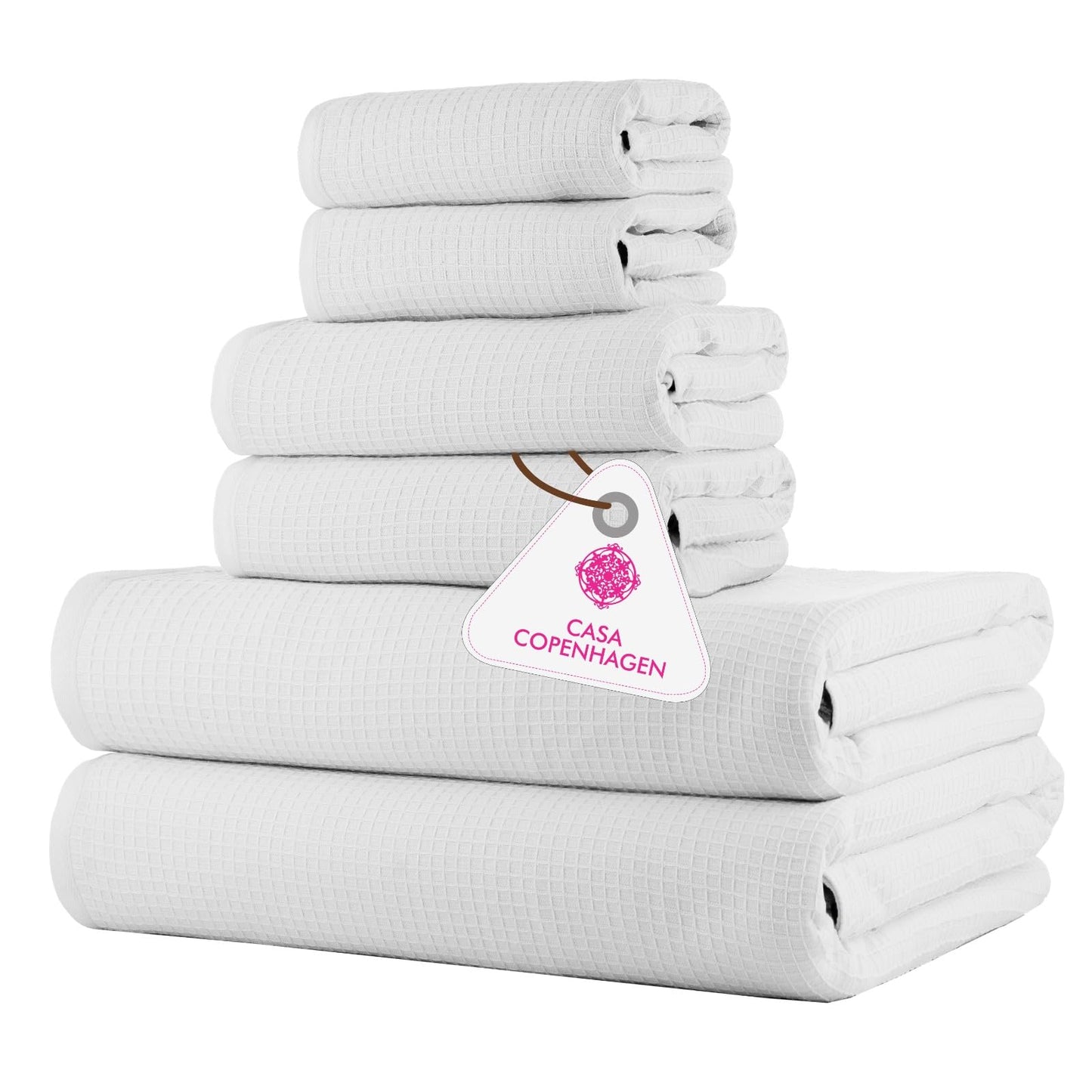 CASA COPENHAGEN Waffle Terry 6-piece set, cotton, extra large, luxurious, white, 2 bath towels XL, 70 x 140 cm, 2 large hand towels, 50 x 80 cm