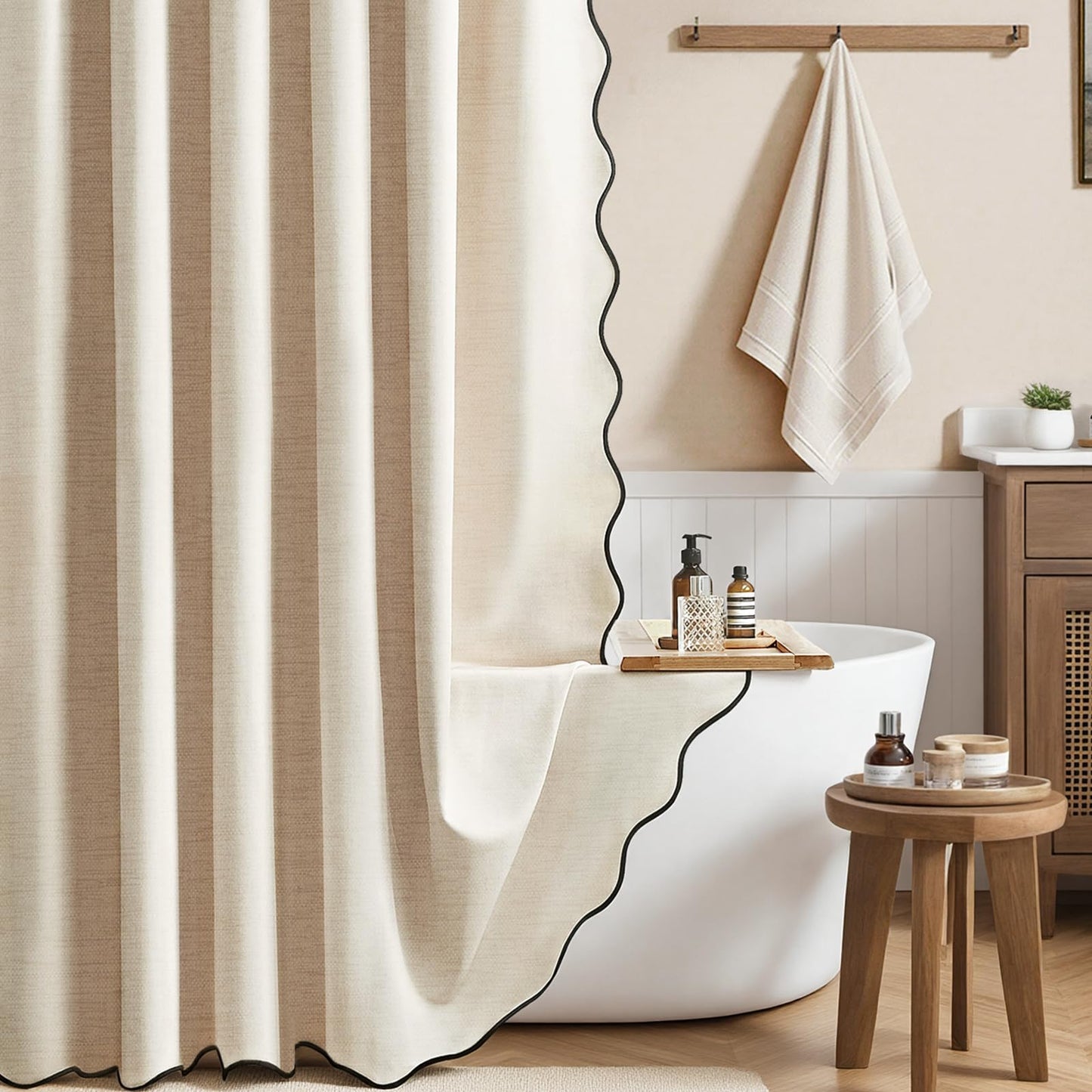 BTTN Scalloped Linen Look Weighted Shower Curtain, 184x184cm, Beige/Cream
