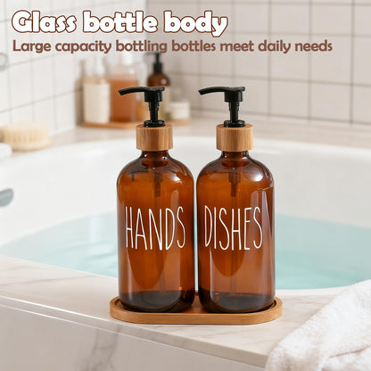2 Pack 500ml Amber Glass Soap Dispensers with Bamboo Tray - Refillable Hand & Dish Soap Dispenser Set for Kitchen Countertop and Bathroom
