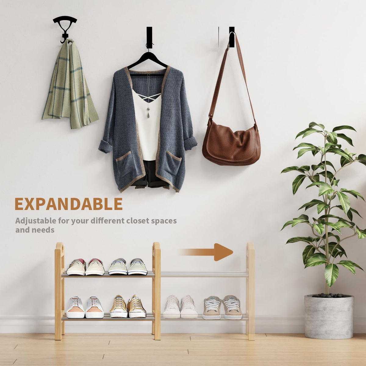 LEMIKKLE Shoe Rack, Oak Wooden Shoe Storage Rack, 2 Tier Stainless Steel Expandable Design, Ideal for Small Shoe Rack for Narrow Space