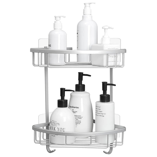 GRICOL Corner Shower Shelf No Drilling Aluminium Bathroom Storage Self Adhesive Rust Proof Shower Storage with 2 Hooks for Bathroom 2 Levels Silver