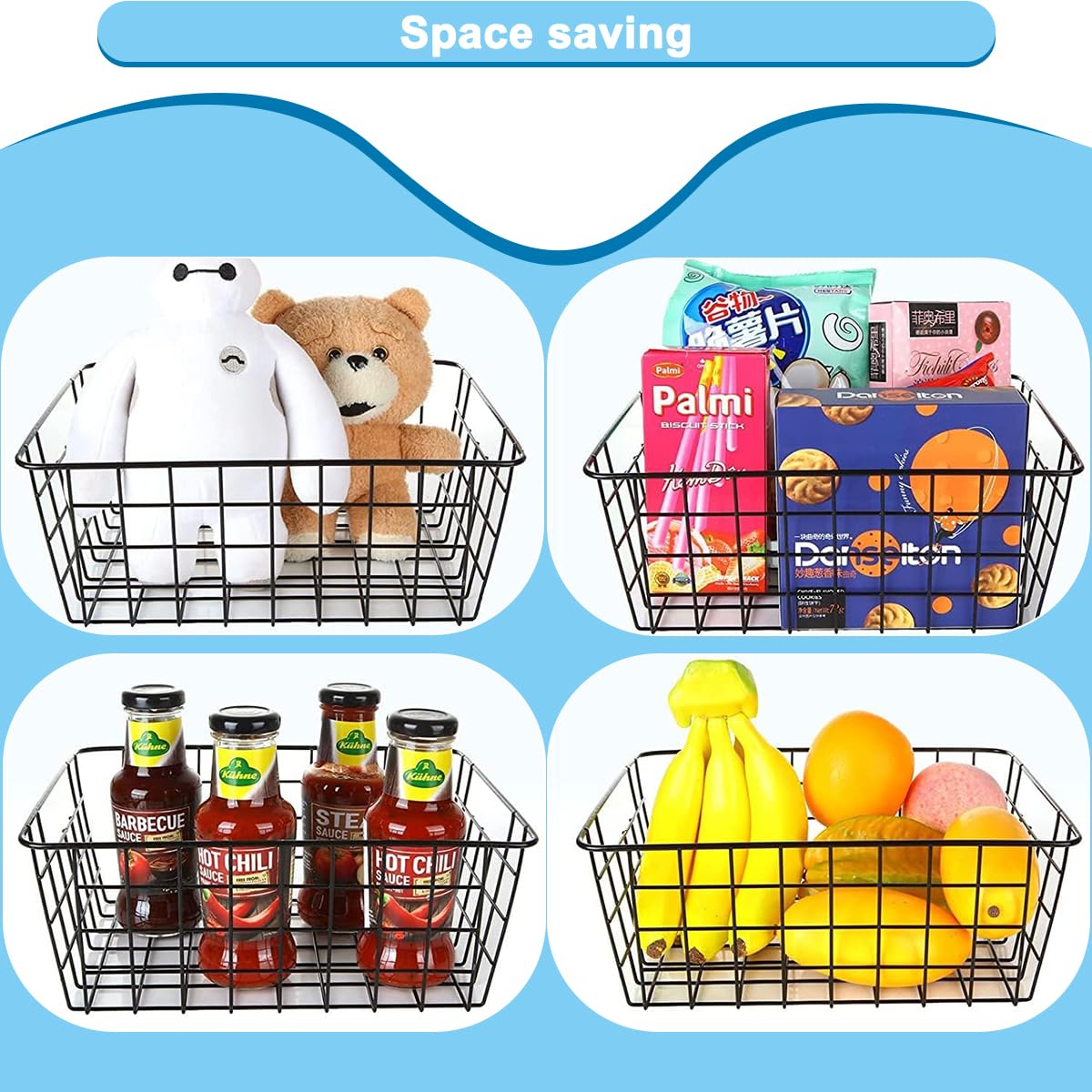 LOSYHU 4 Pack Black Wire Storage Baskets, Wire Organiser Baskets with Handles, Metal Chest Freezer Baskets Wire Organizer Bins for Fridge Shelf