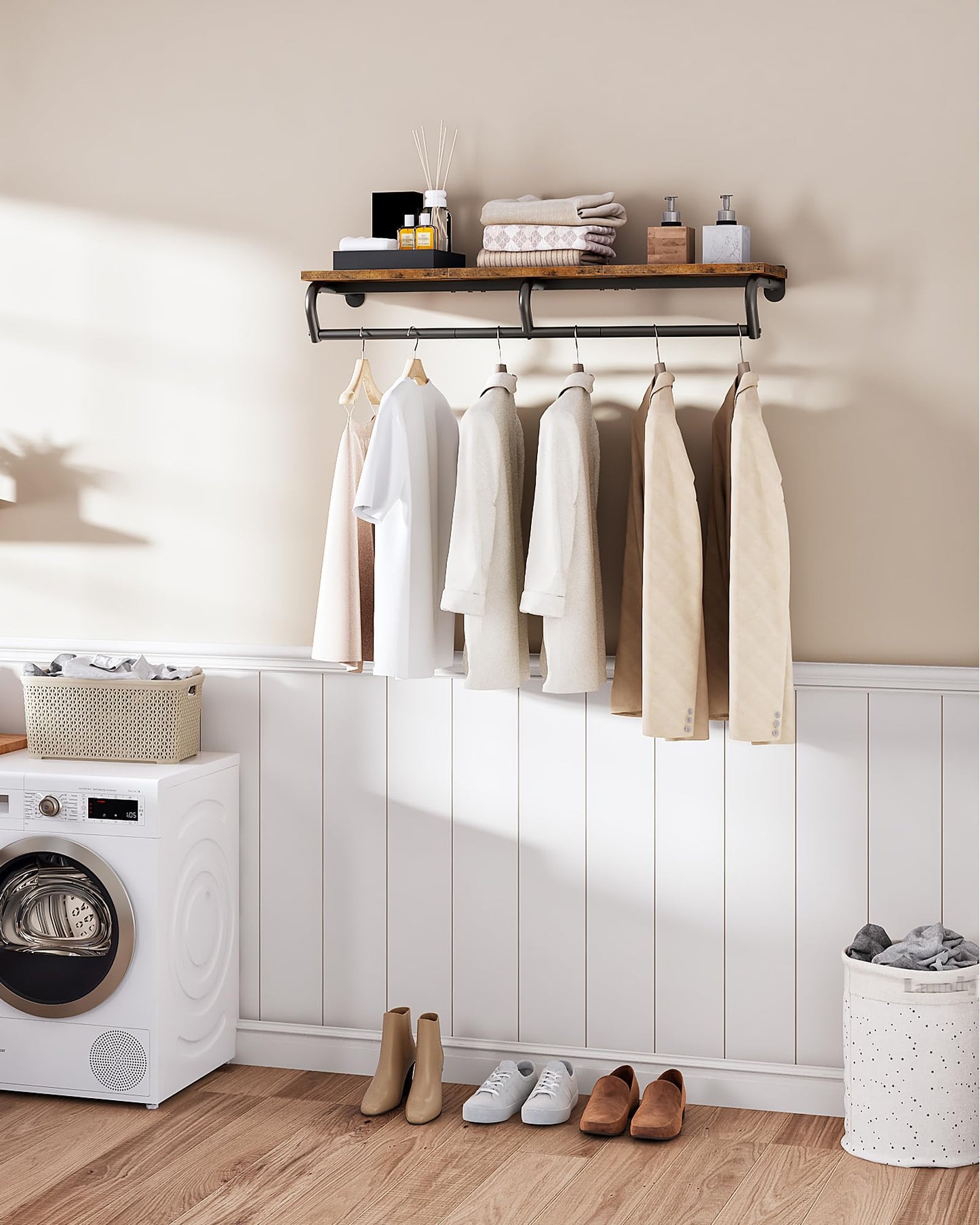 CHOEZON Wall Mounted Clothes Rack, Metal Garment Rack with Top Shelf, 110 cm Laundry Storage Shelf with Hanging Rod, for Laundry Room, Bedroom