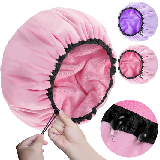 Sheomern 16.5"Jumbo Adjustable Terry Cloth Lined Shower Caps for Long Hair & Braids, Extra Large Dual Waterproof Hair Cap for Women & Men, Reusable