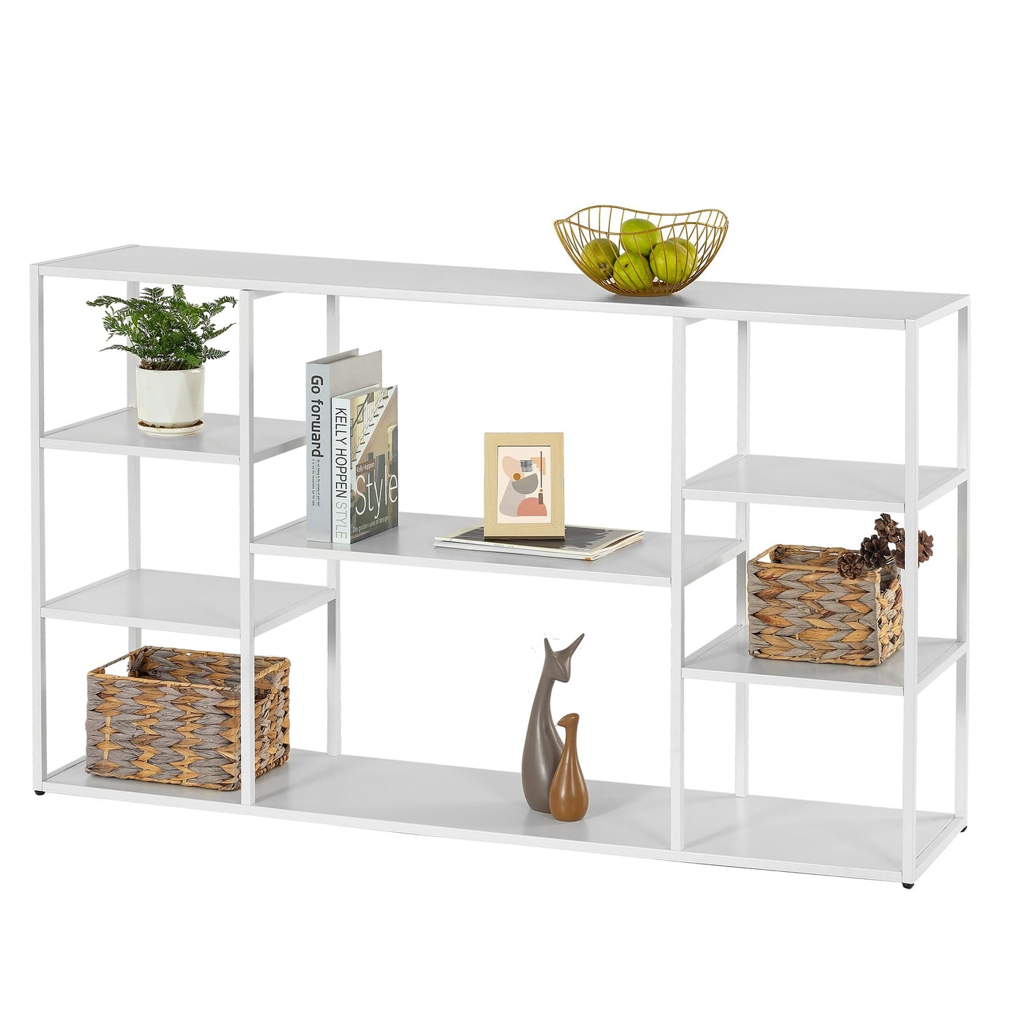 HDANI 140cm Long Sofa Console Table,Narrow Modern Entryway Table Behind Couch with Storage Shelves,4 tier Shelf Bookshelf for Living