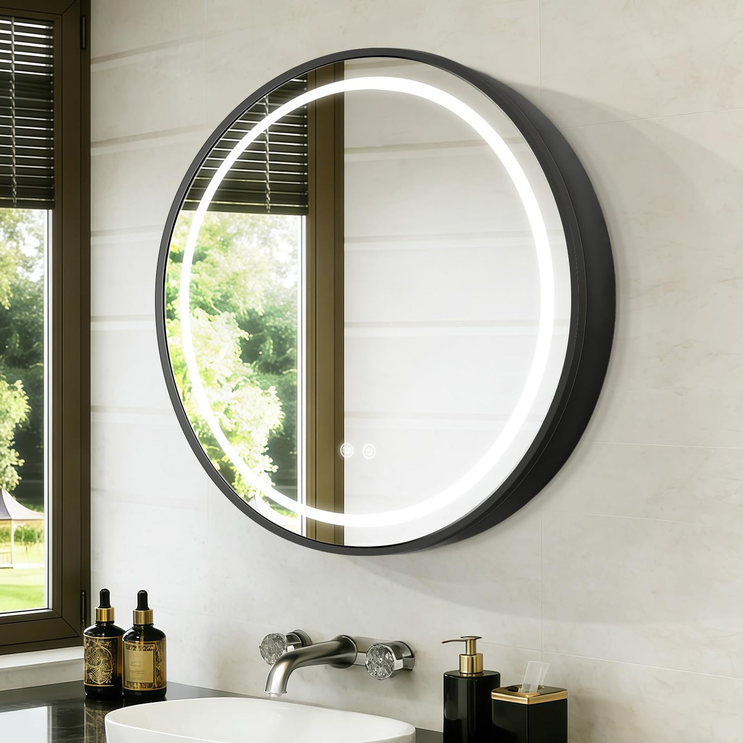 KAASUNES Round Mirror Cabinet with Light,Aluminum Framed,3 Colors Temperature&Dimmer,USB Shaver Socket,Defogger,71cm,black