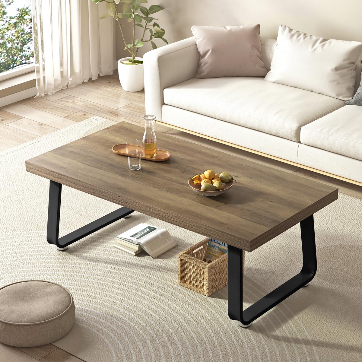 HSH Rustic Oak Coffee Table, 60D×120W×46.5H cm, Rustic Industrial Wooden Coffee Table for Living Room Bedroom Office