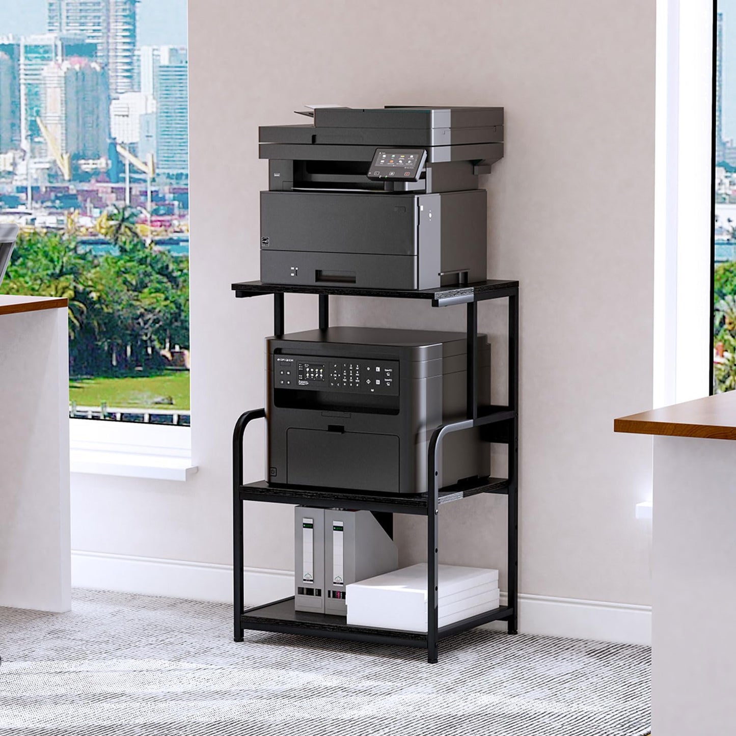 3-Tier Printer Stand, Large Printer Table on Wheels, Movable Printer Stand with Storage, Rolling Printer Cart for Fax Scanner Files Media Player