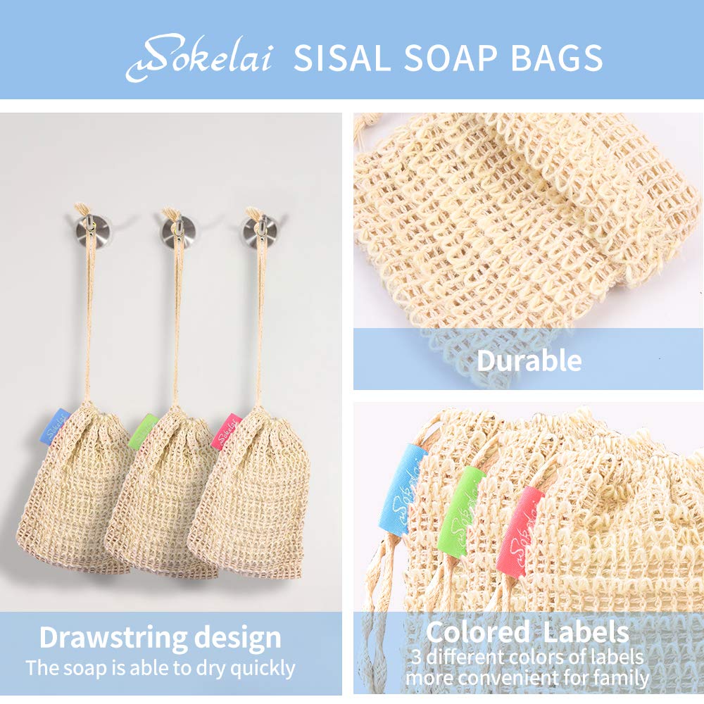Natural Exfoliating Sisal Soap Bag 6 Packs Soap Protection Bag Saver Pouch Soap Sack Made from Sisal Ramie Fiber with Drawstring for Facial Body