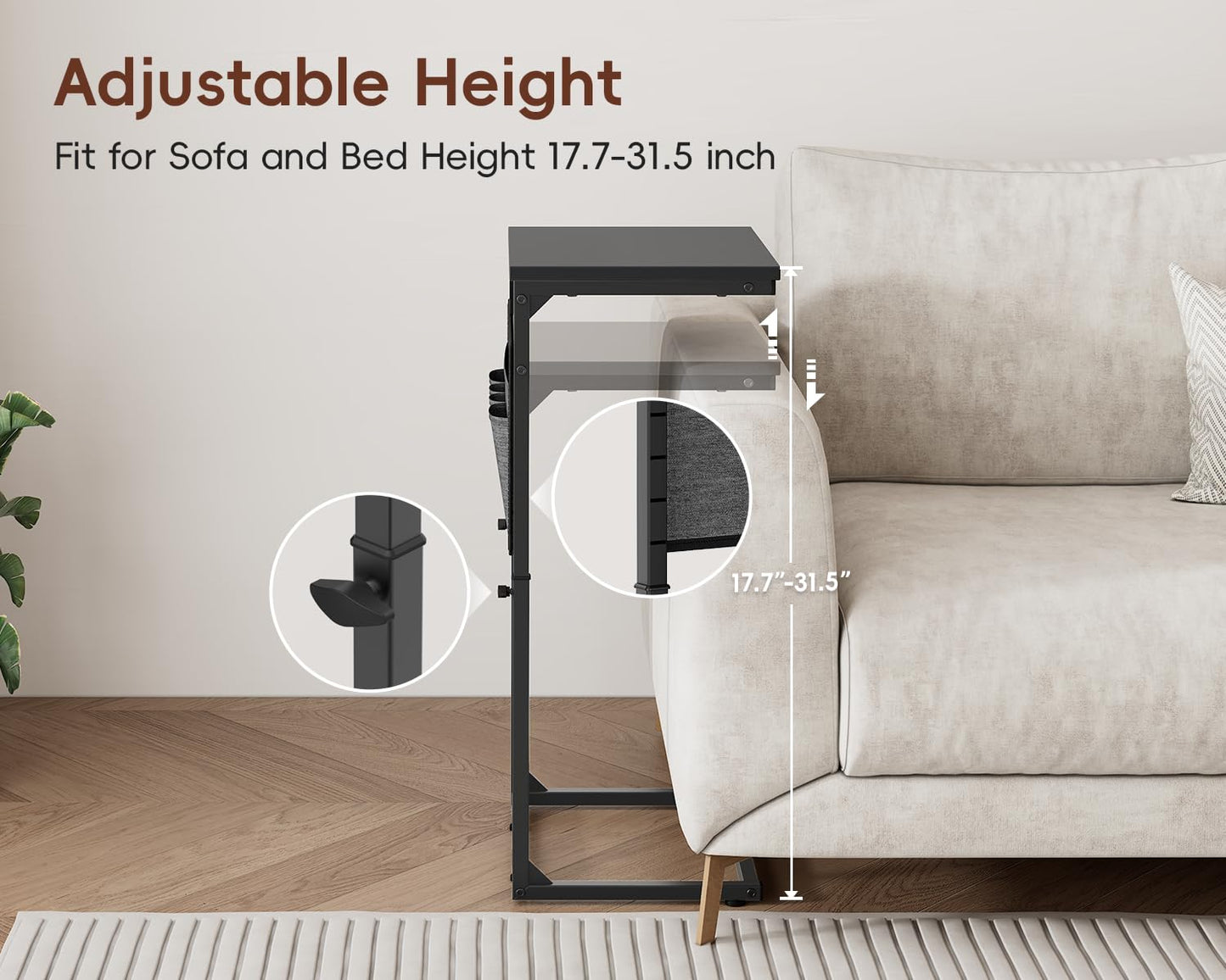Vagusicc C-Shaped Side Table with Charging Station, Height Adjustable Sofa Side Table, Bedside Table, End Table for Small Spaces