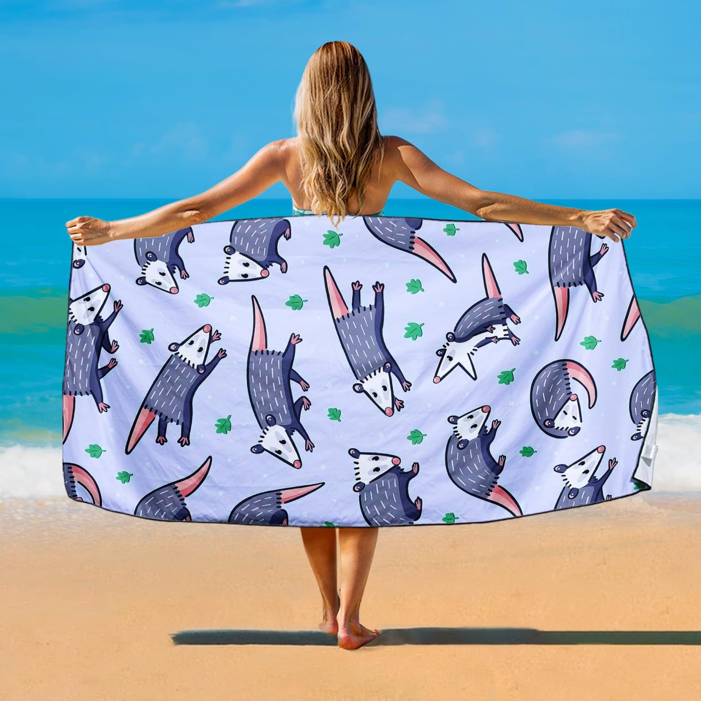 Violetpos Cute Opossum Print Beach Towel, Extra Large 180x90 cm 250GSM Microfibre, Sand Free Quick Dry