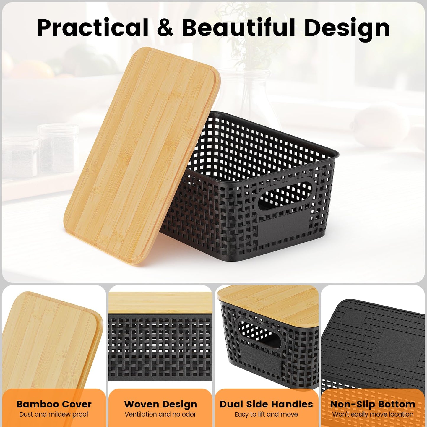 Shrivee Set of 3 Black Rectangular Bamboo Lid Storage Boxes, 5L Capacity, Stackable, Ventilated, Kitchen Storage Boxes for Shelves, Cupboards, Home