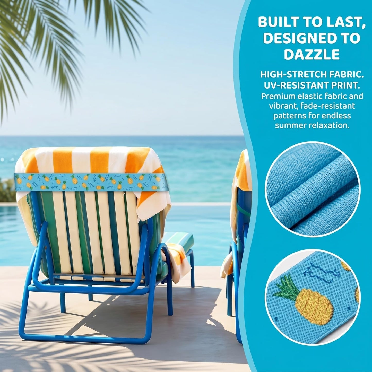 Merzio 5Pcs Beach Towel Bands for Sun Loungers, Elastic Windproof Sunbed Towel Clips, Cruise Essentials Accessories for Pool Chairs