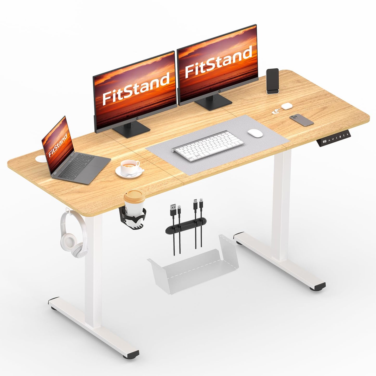 FitStand 140x60cm Electric Height Adjustable Standing Desk, Sit Stand Desk with Cablemanagement, Computer Desk With Hooks, Child Lock