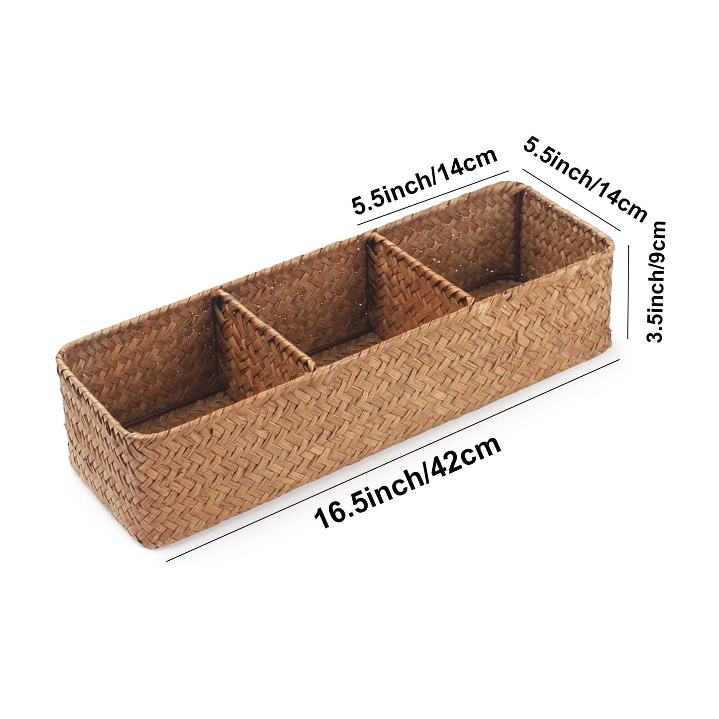 Seagrass Tank Basket for Toilet Paper 3 Sections Woven Storage Basket with Large Compartment (Natural 42cm x 14cm x 9cm)