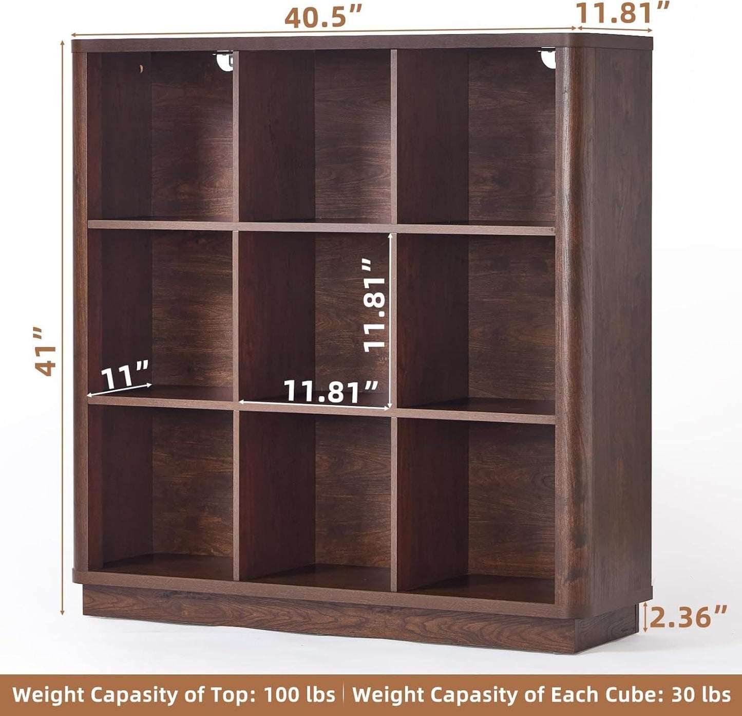 LELELINKY 9 Cube Storage Bookcase, 41" Wide Wooden Book Shelf with Thickened Base, Freestanding 3-Tier Open Book Case Unit with Curved Edge
