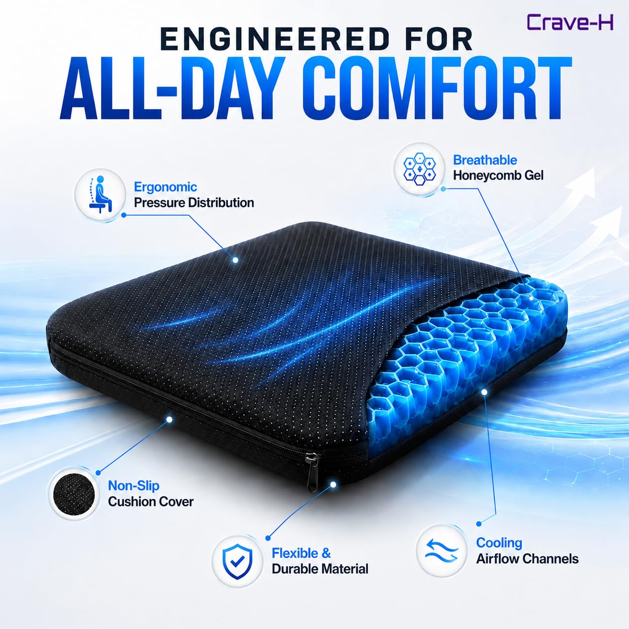 Crave-H Gel Seat Cushion with Cover, Double Thick Honeycomb Cushion for Office Chair, Car Seat & Wheelchair, Ergonomic Pressure Relief Support Pad