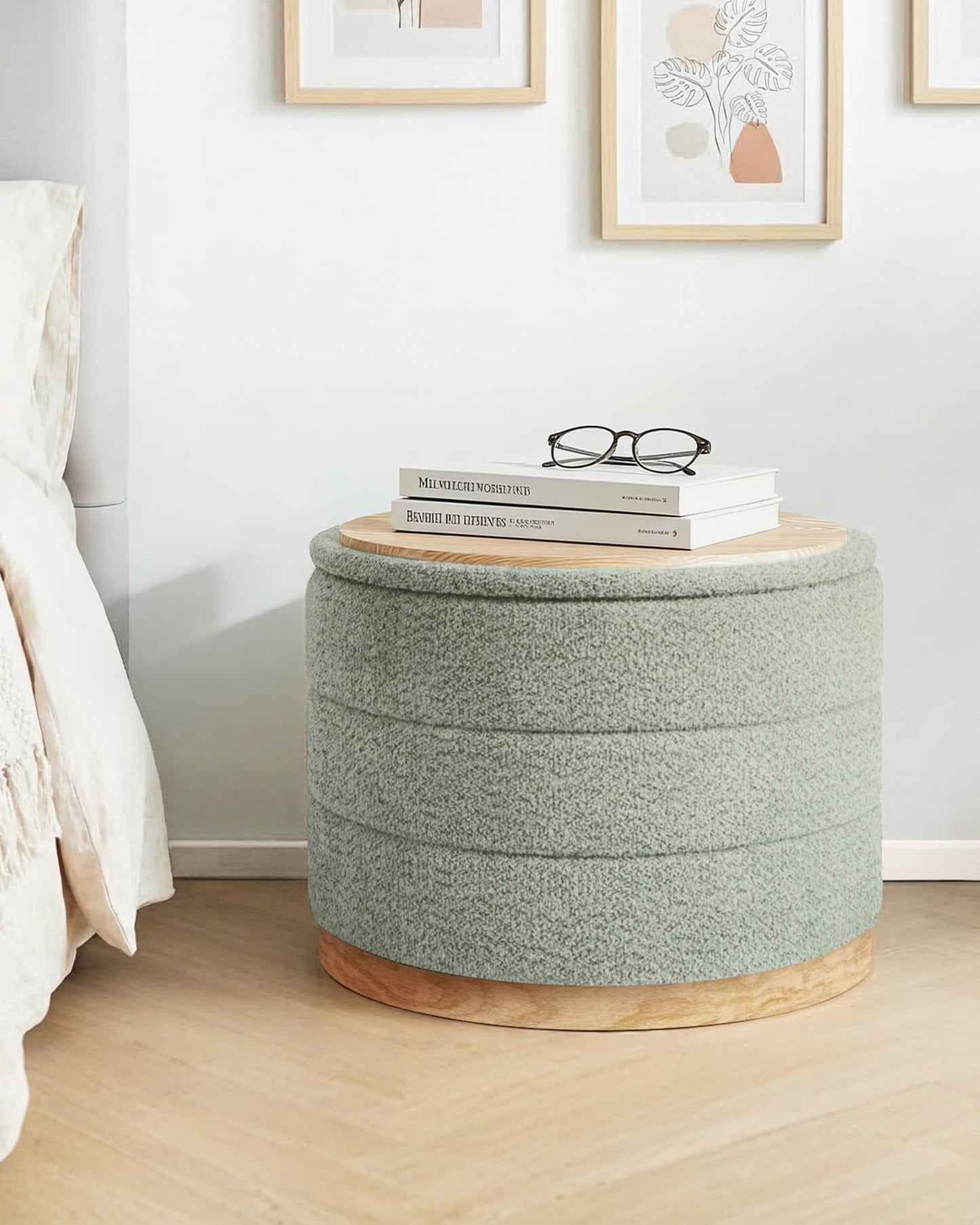 Bonlife Round Chenille Storage Ottoman, Folding Footstool with Table Top, 58x58x44cm, Load Capacity 150kg