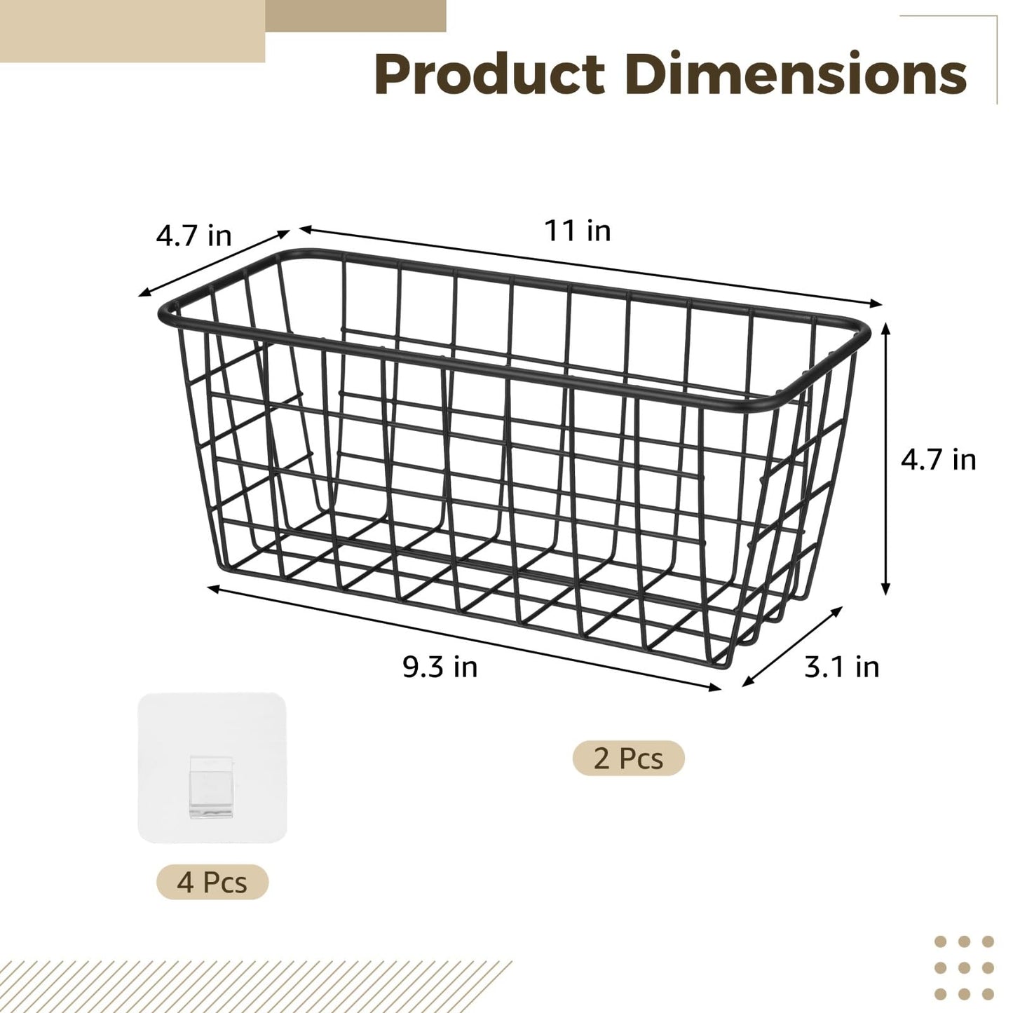 yeesport 2 Pack Black Wire Storage Baskets, Wall Mounted Carbon Steel Storage Bins with Traceless Adhesive, Small Pantry Baskets for Kitchen