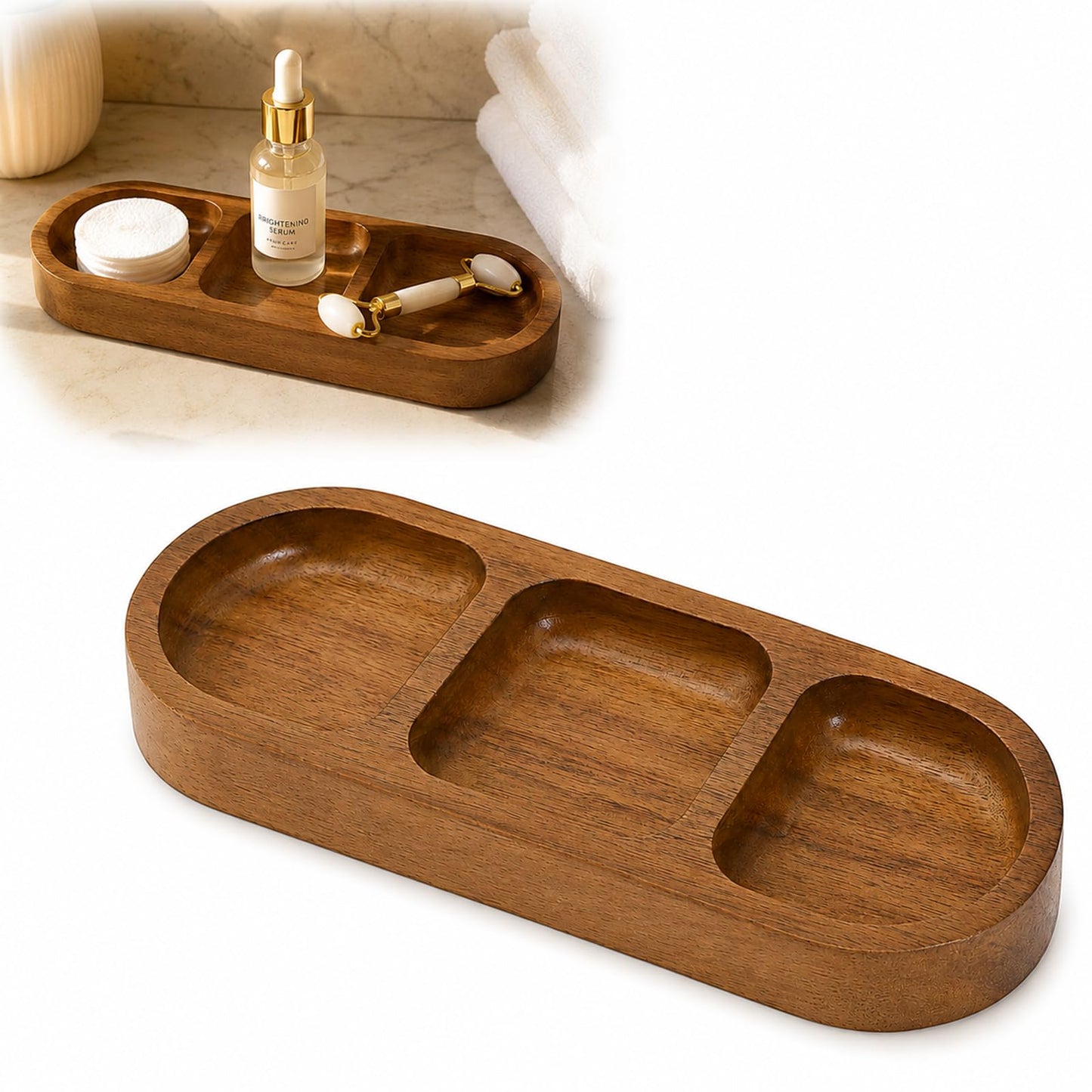 Wooden Bathroom Vanity Tray, Brown, 3 Compartments, Countertop Organiser