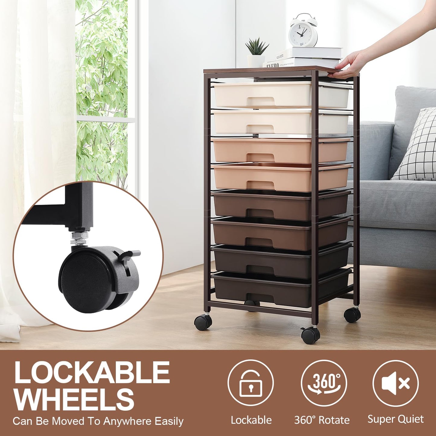 SYKIARIOL 8-Drawer Storage Trolley Rolling Cart with Lockable Wheels, Brown