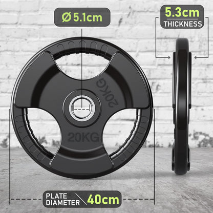 PhysKcal Olympic Weight Plates 1 x 20kg with Rubber Finish 2?? Opening and Tri-Grips, Black Barbell Plates Discs for Lifting and Strength Training,