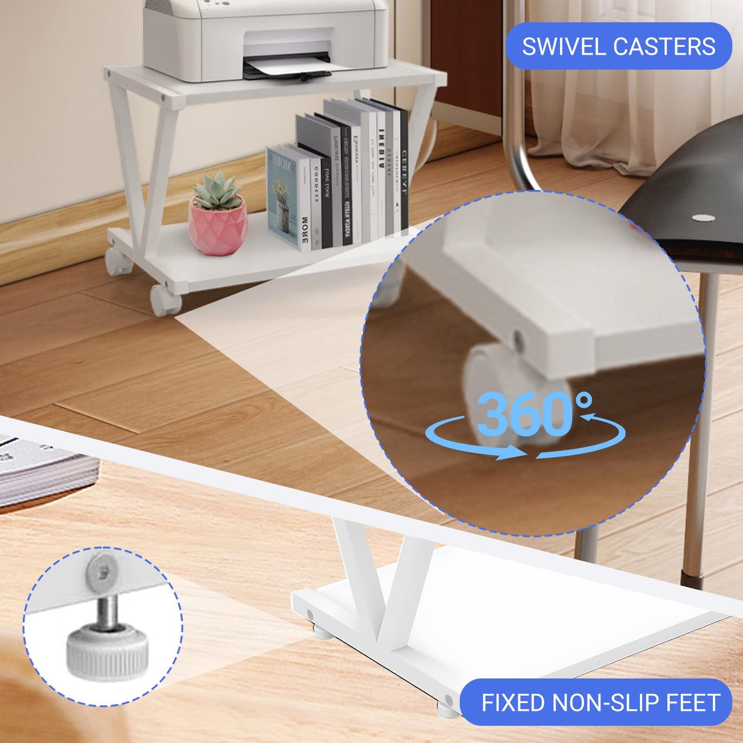 Under Desk Printer Stand with Wheels,2 Tier Mobile Printer Cart 17.3x11x11"