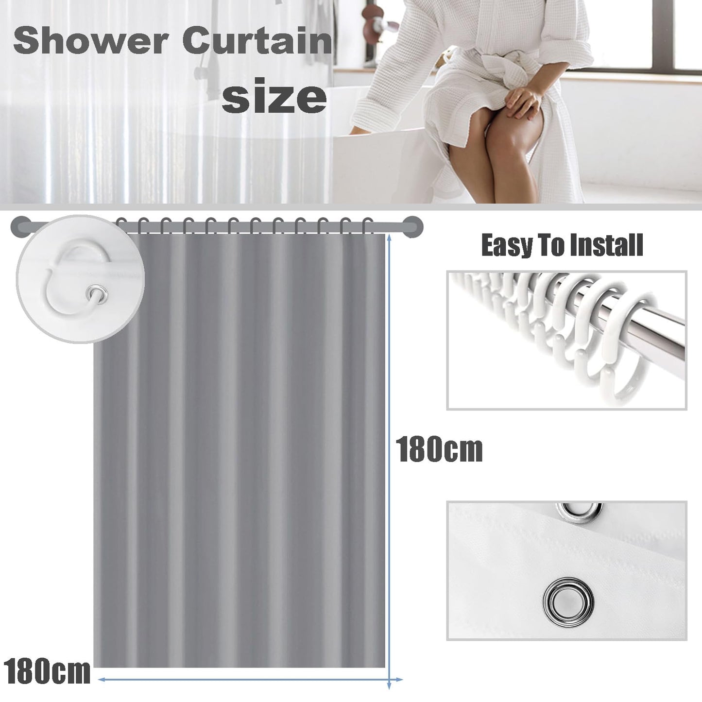 ECO Shower Curtain - Solid Semipink PEVA Waterproof Heavy Duty Bathroom Curtains with 3 Magnets, 12 Plastic Hooks - Quick-Drying & Washable
