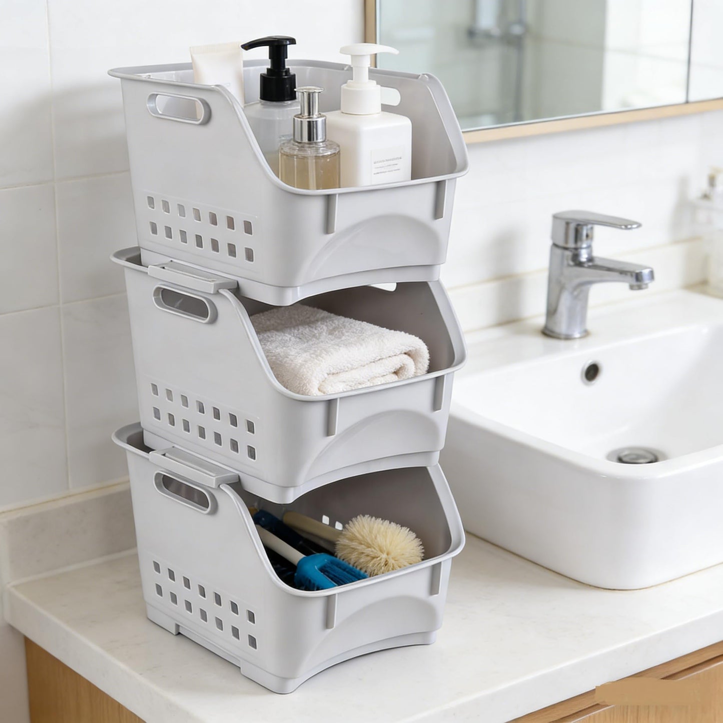 Xyskin 3-Pack Plastic Stackable Storage Basket, Stacking Storage Baskets for Kitchen or Bathroom, Grey Storage Veg Rack Set