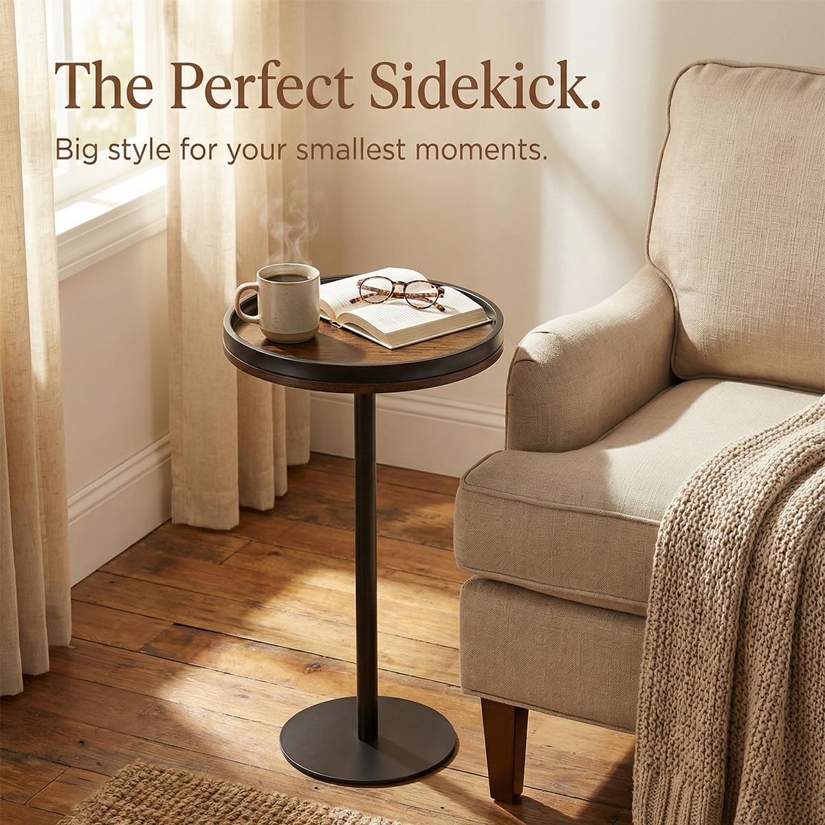 ZEXVIDA Small Round Side Table,Drink Table with Weighted Base,Industrial Metal & Wood Pedestal End Table with Tray Top
