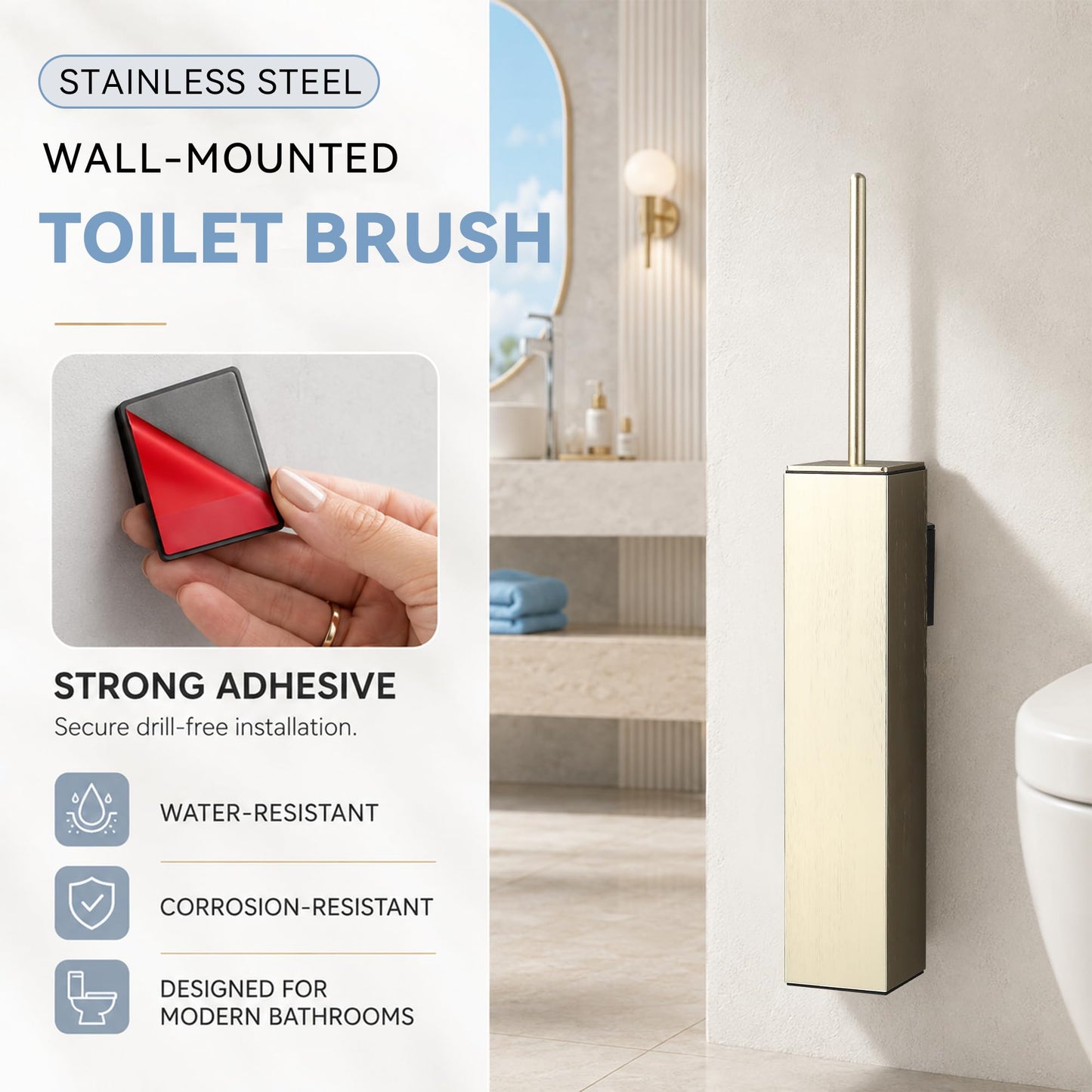 DAZI Toilet Brush WC Wall-Mounted, Toilet Brush Holder Stainless Steel Brush Gold Finish without drilling
