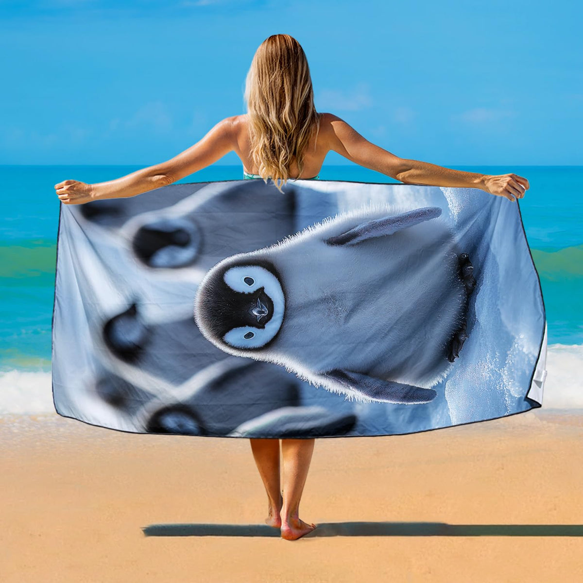 Violetpos Cute Penguin Beach Towel, Extra Large 180x90 cm 250GSM Microfibre, Sand Free Quick Dry