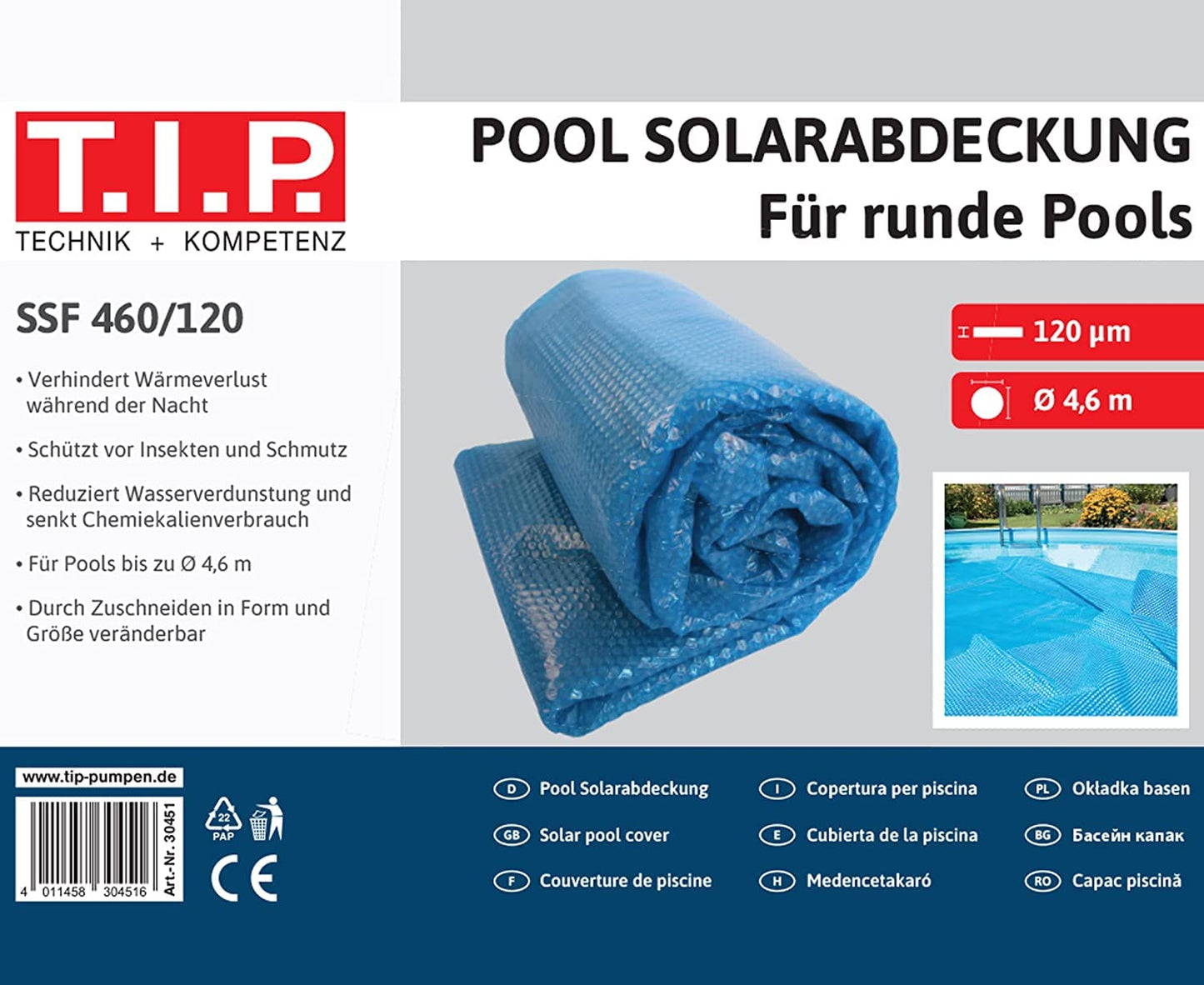 T.I.P. SSF 460/120 Solar Tarpaulin for Ring Pool, 120 Mu, Blue, Diameter 4.6 m, 30451