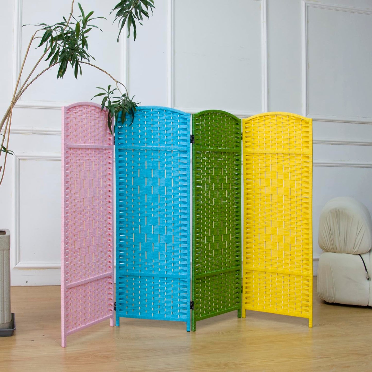 Furnnylane 4 Panel Colorful Rattan Divider Short Room Partition Screen,Double Sided Short Folding Divider for Room Separation,120 cm Tall