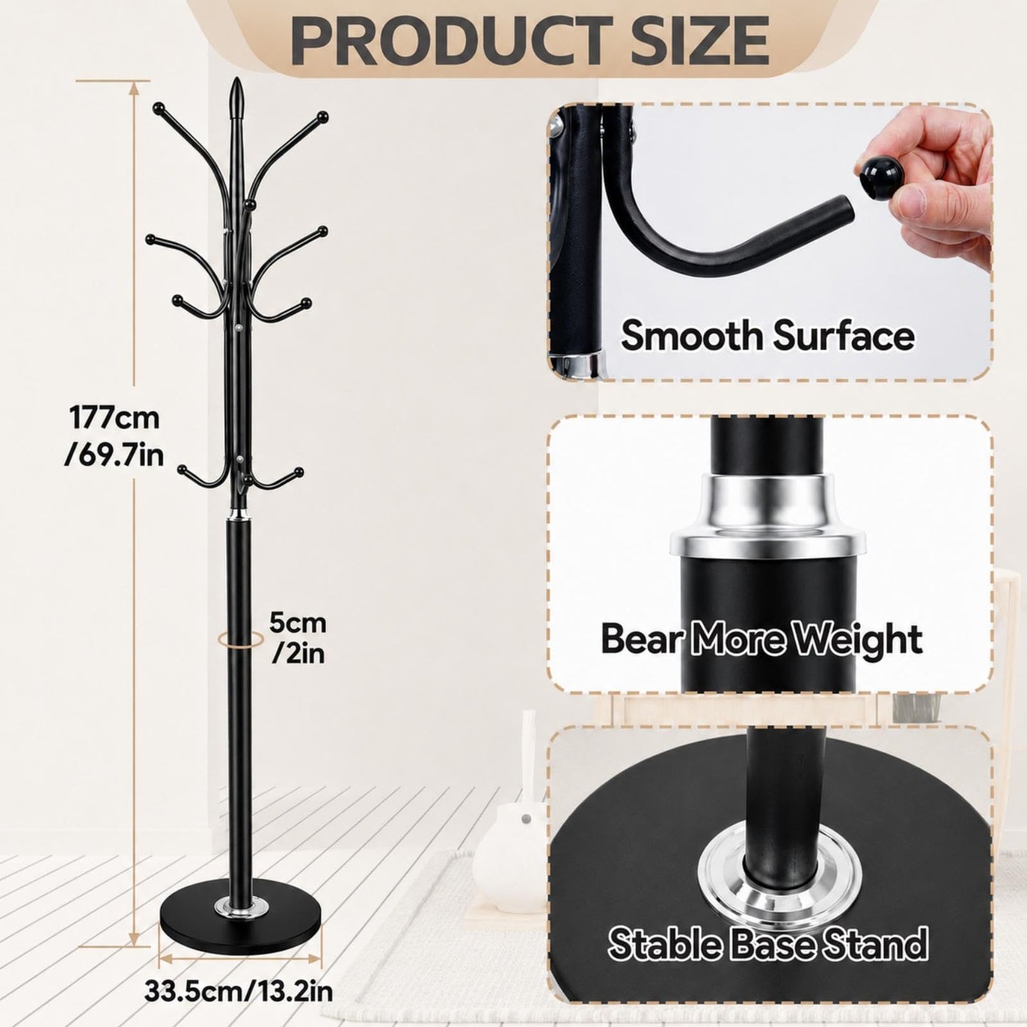 NBYTLT 70in Coat Stand, Heavy Duty Metal Coat Rack with 12 Hooks