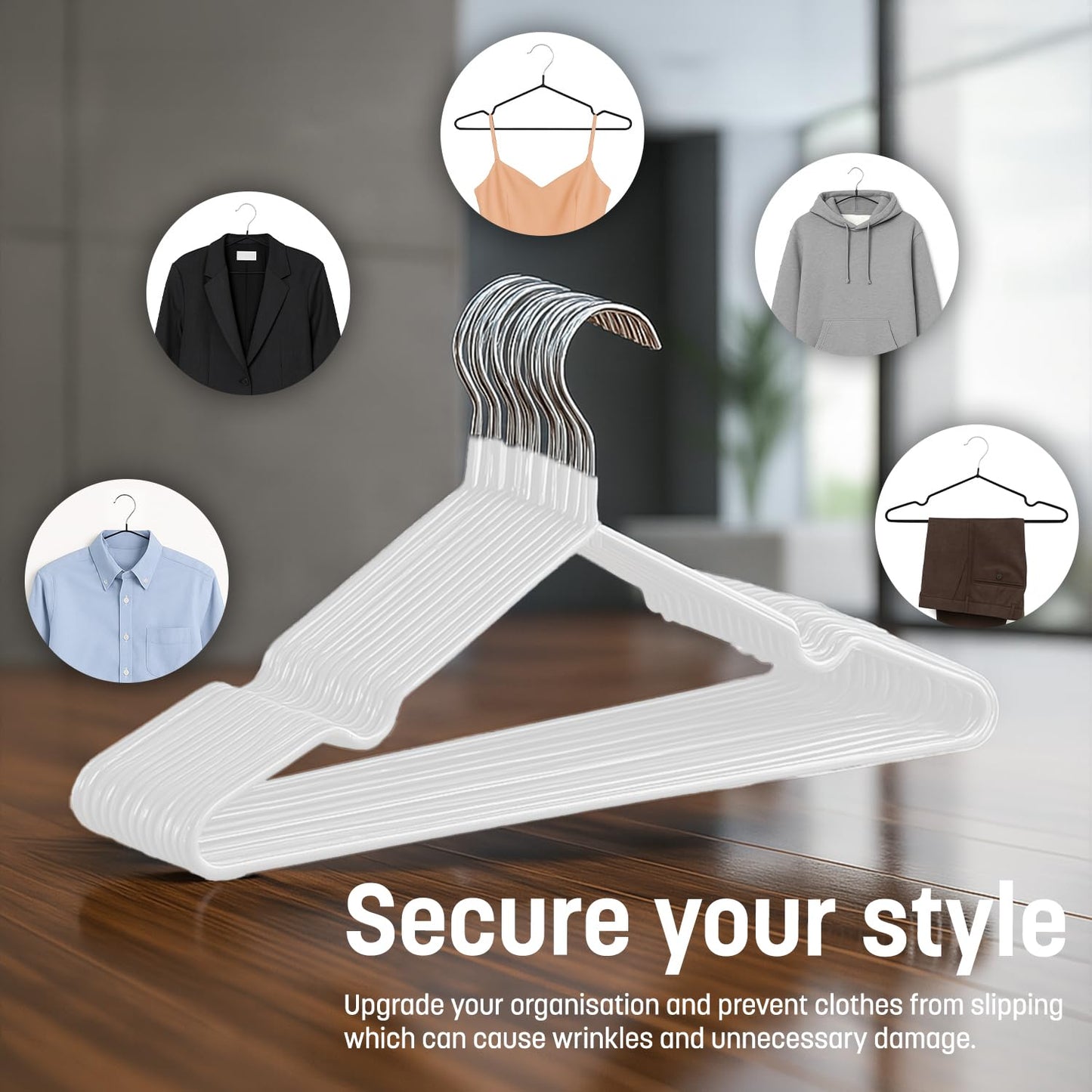KEPLIN 20x Premium Rubber Coated Metal Hangers - Heavy Duty - Space Saving Organiser Clothes Hangers For Wardrobes Coat Rack Rails (White)