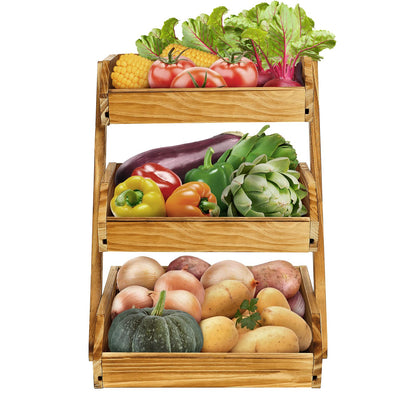 CALM COZY Fruit Basket, 3 Tier Wooden Fruit Basket Bowl Holder for Kitchen, Bread Fruit Storage Basket Wooden Vegetable Rack