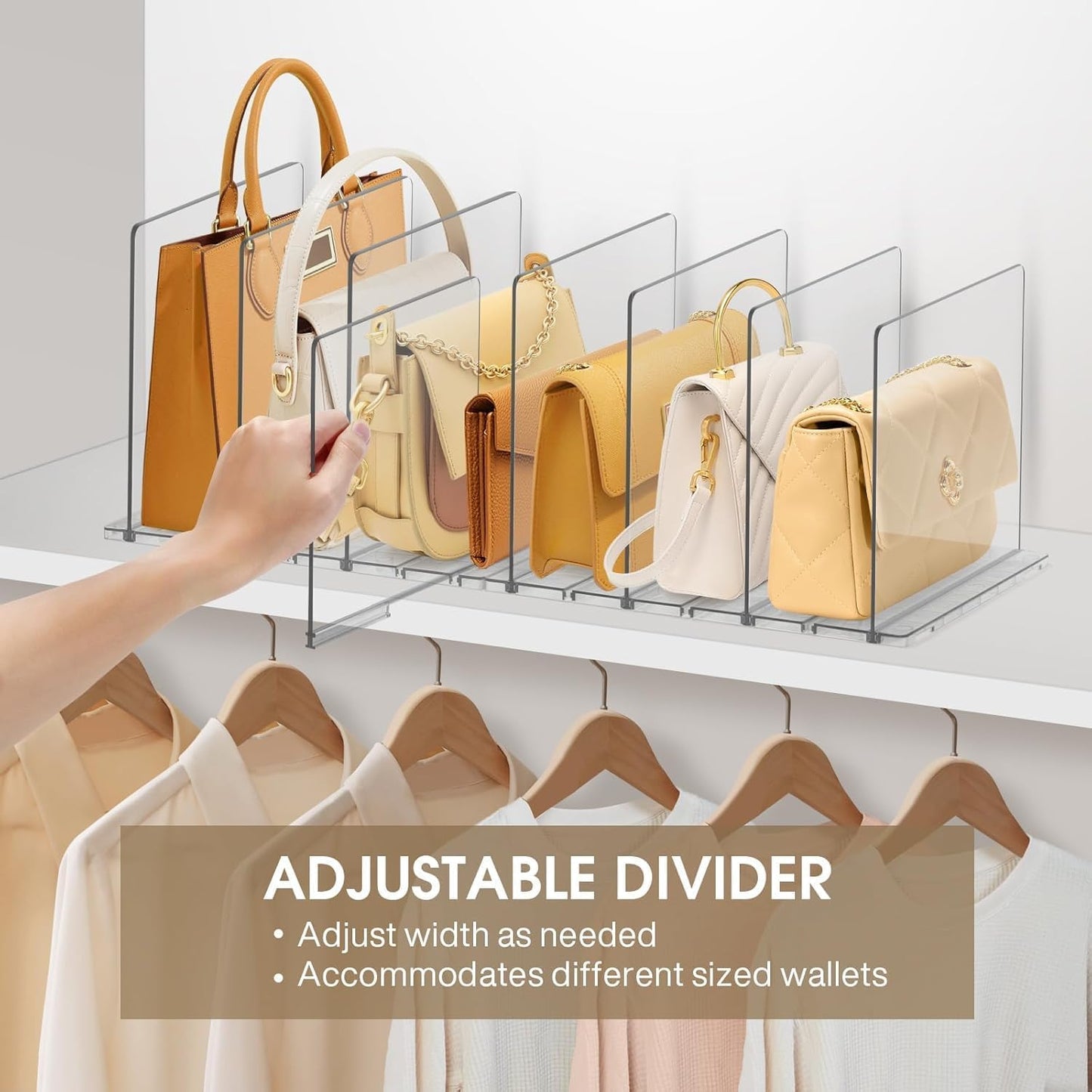 DoubleCare Pack of 8 Shelf Dividers, Adjustable Pocket Dividers, Transparent Acrylic Shelf Dividers, Transparent Handbag Organiser for Cupboards