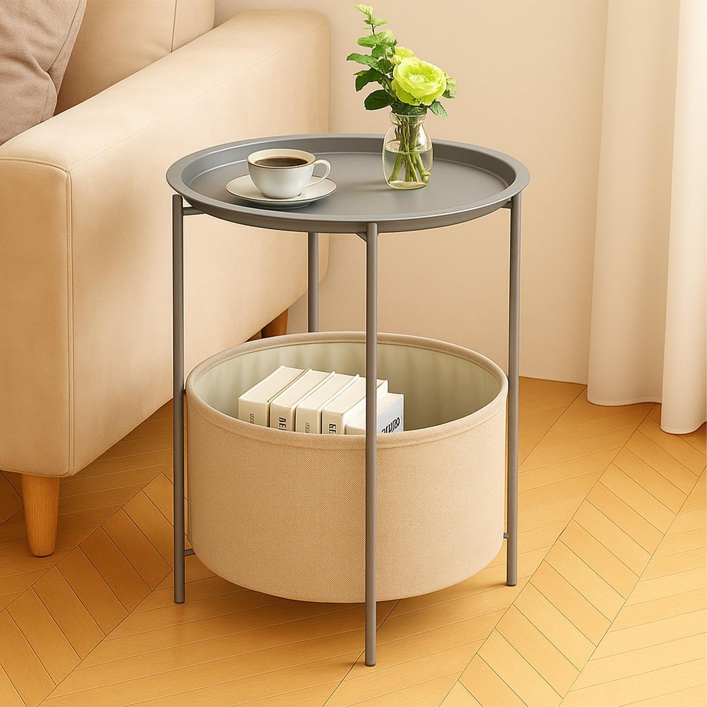 Rinkgarden Round Side Table with Fabric Basket, Modern and Sturdy, Metal End Table for Living Room, Bedroom, Bedside Table, Nursery