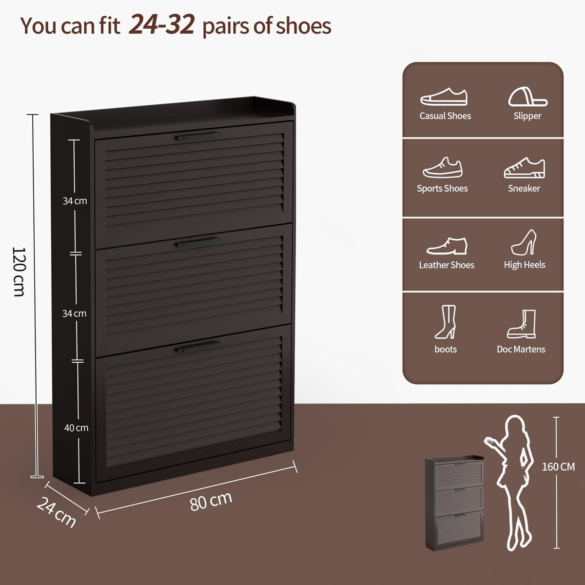 BonVache Shoe Storage with 3 Flip Louvered Doors, Narrow Wooden Shoe Cabinet 120x80x24cm with Adjustable Shelves For Hallway, Entreway
