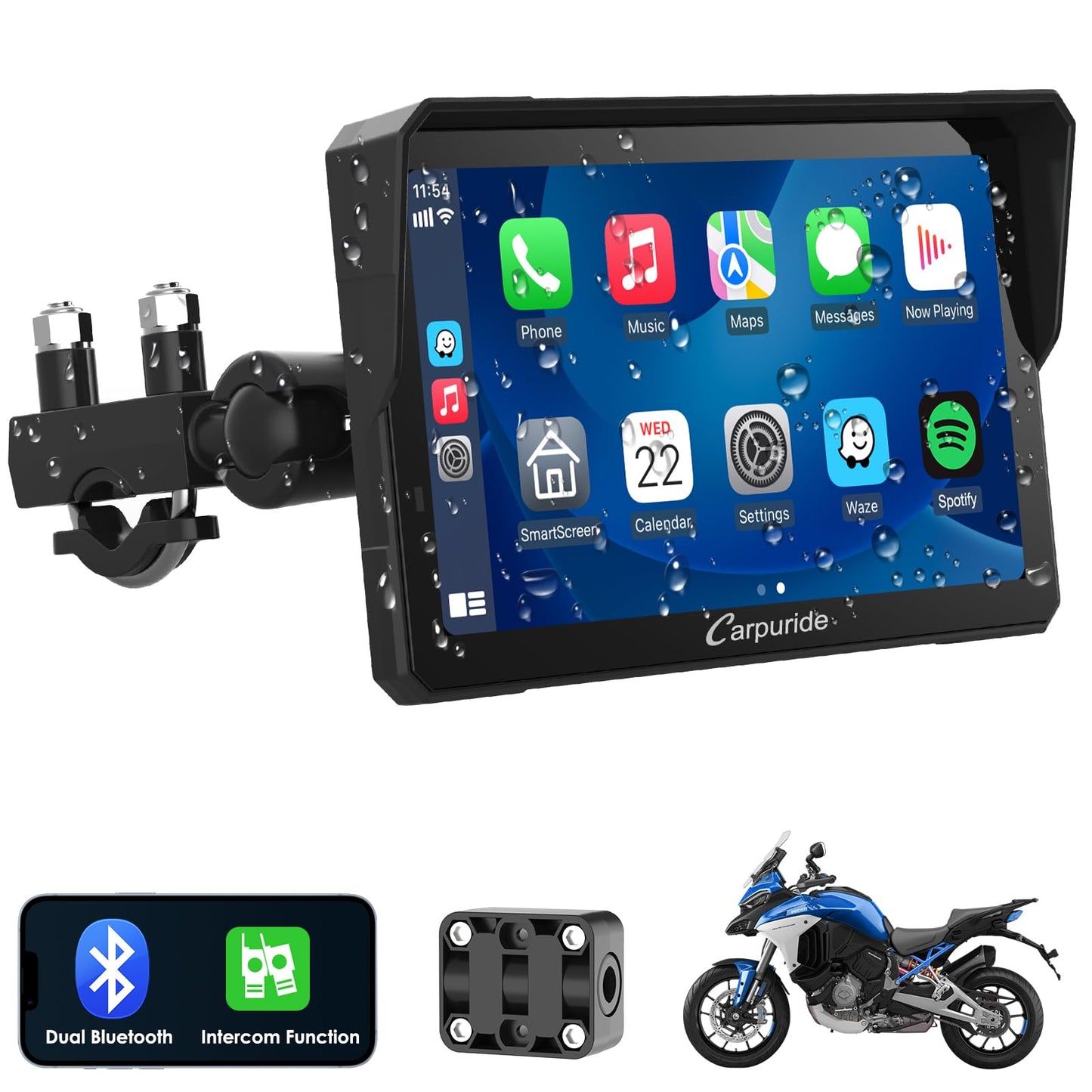 Carpuride W702 Pro Motorcycle Carplay Screen with Intercom Function, Wireless CarPlay and Android Auto, Portable 7 inch Waterproof Touchscreen,