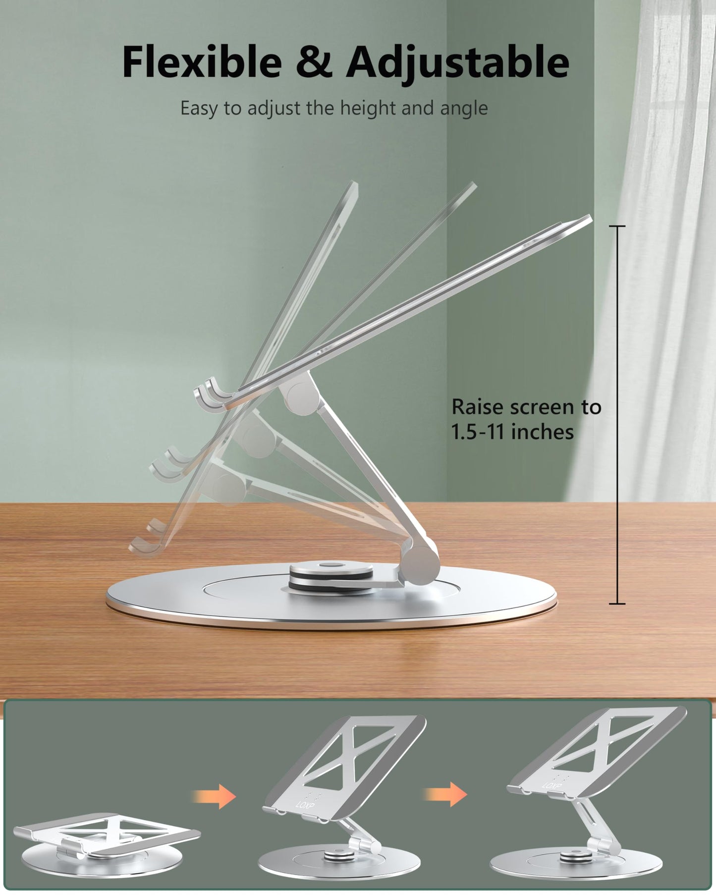 LOXP Ultra-Stable Aluminumy Swivel Laptop Stand for Desk with Rotating Foldable Phone Holder, 300% Large Base Stability, Anti-Loosening Structure