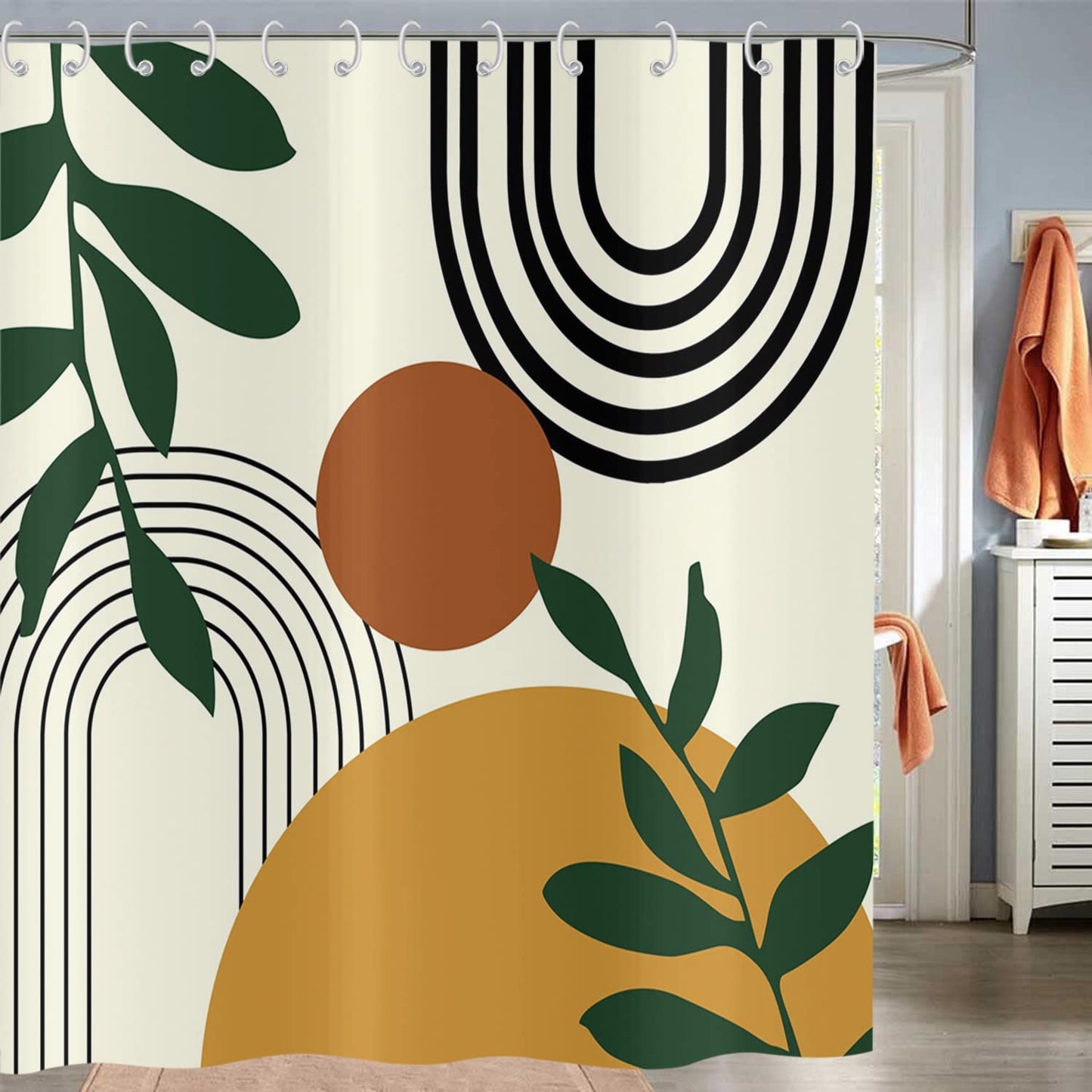 Hnmdmyi Boho Shower Curtain 180x180, Mid Century Abstract Arch Sun Green Leaf Beige Bathroom Curtains Modern Minimalist Aesthetic Art Waterproof